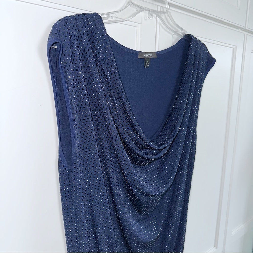 Grayse Jumpsuit Diamond Pave Cowl Neck Navy Stud Large CottageCore Y2K Glam - Picture 3 of 15